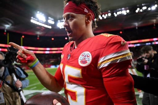 Kansas City Chiefs quarterback Patrick Mahomes (C) reacts after the NFL game between Miami Dolphins and Kansas City Chiefs at the Waldstadion in Frankfurt am Main, western Germany on November 5, 2023. Kansas City Chiefs won the match 21:14.