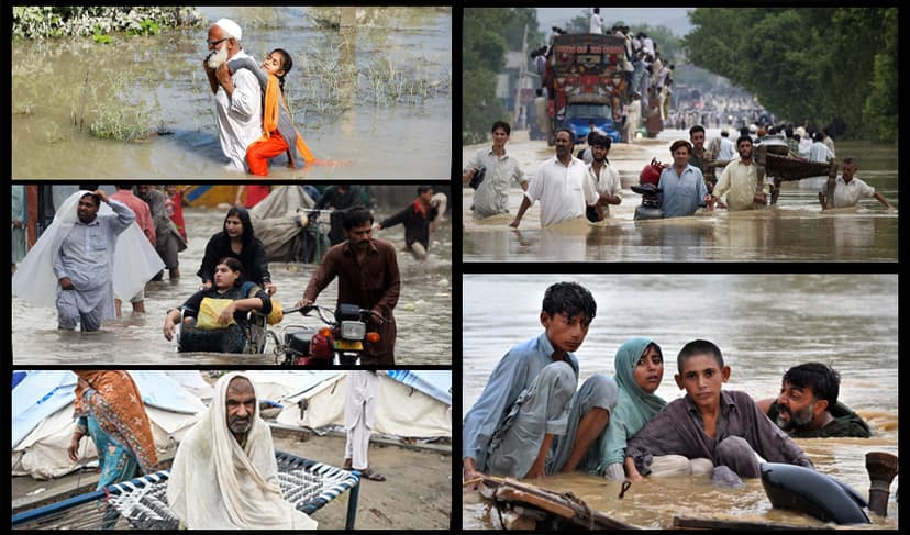 A collage of people displaced by floods seeking shelter.