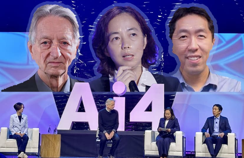 Geoff Hinton, Fri-Fei Li, and Andrew Ng at Ai4 2026 warn about AI fear mongering happening through big tech and big AI labs.