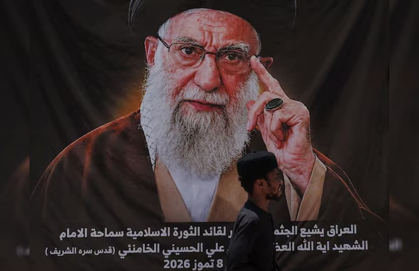 A man walks past a banner bearing a portrait of Iran's late Supreme Leader Ayatollah Ali Khamenei ahead of funeral processions in Najaf.