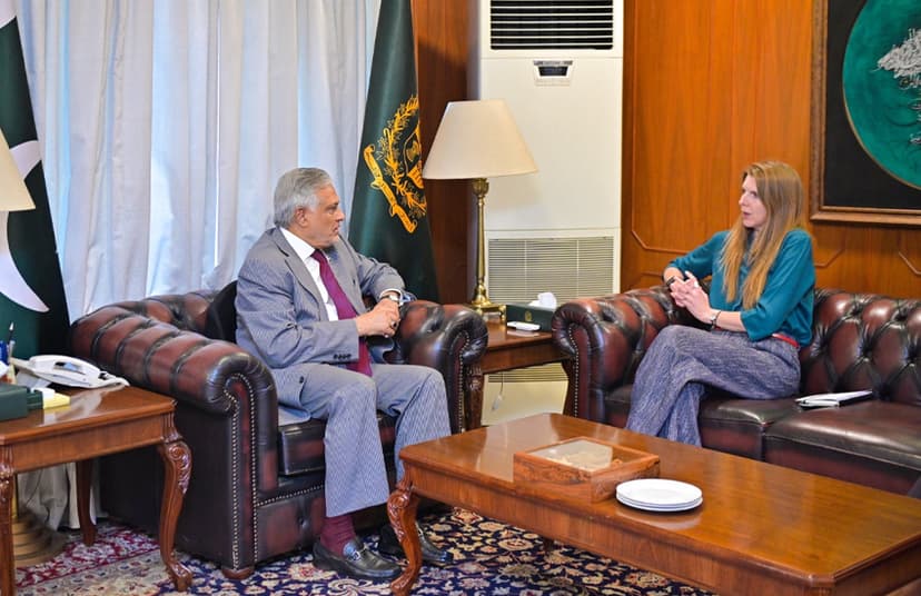 British High Commissioner Jane Marriott in a meeting with Foreign Minister Ishaq Dar.