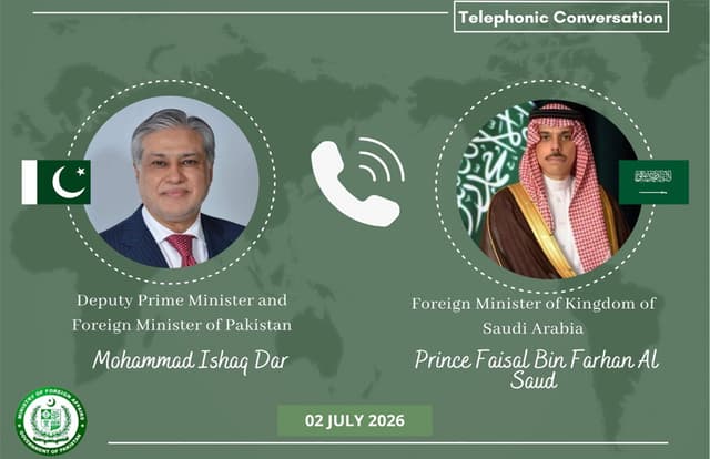 Deputy PM Ishaq Dar discusses regional situation with Saudi Foreign Minister Faisal bin Farhan Al Saud.