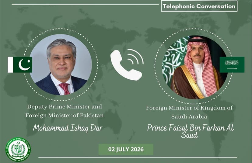 Deputy PM Ishaq Dar discusses regional situation with Saudi Foreign Minister Faisal bin Farhan Al Saud.