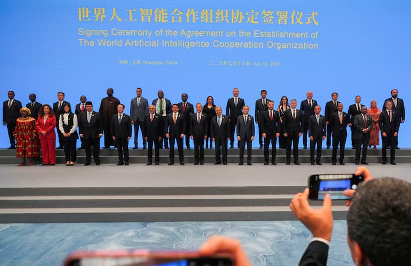 Signatories pose for photos after the signing ceremony of the Agreement on the Establishment of The World Artificial Intelligence Cooperation Organization in Shanghai, China.