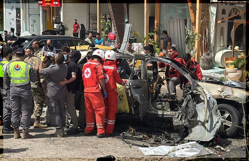 Rescuers inspect a car hit in an Israeli strike in Jiyeh area south of Beirut, Lebanon.