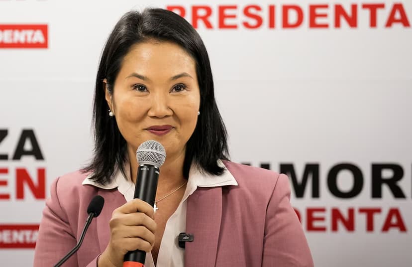 Peru's conservative Keiko Fujimori addresses the media at her party's Popular Force headquarters.