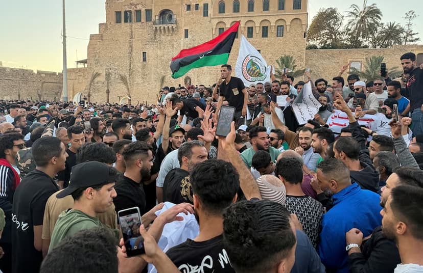Demonstrators demand the overthrow of Libya's government of National Unity headed by Abdulhamid al-Dbeibah, in Martyrs' Square.