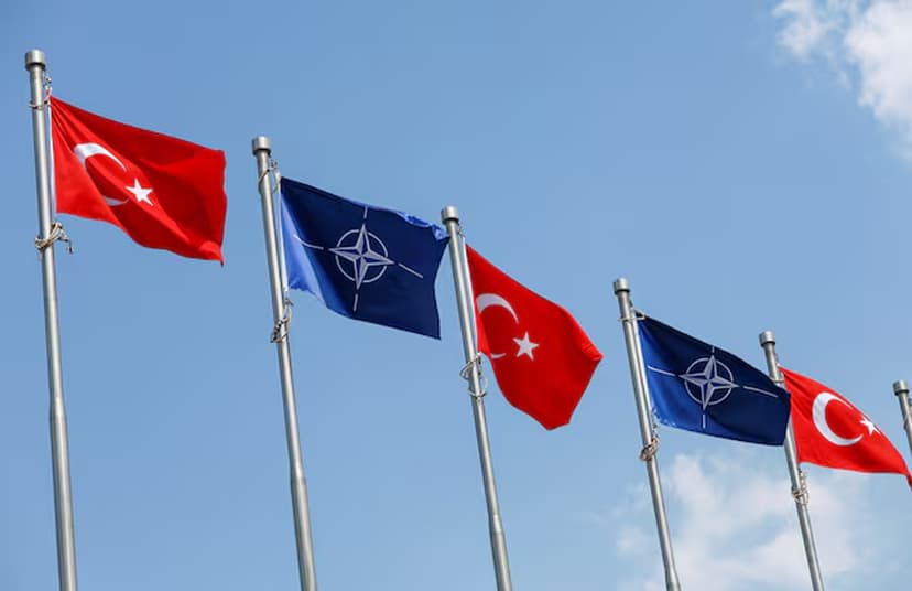 Turkiye and NATO flags wave ahead of the NATO summit, in Ankara.