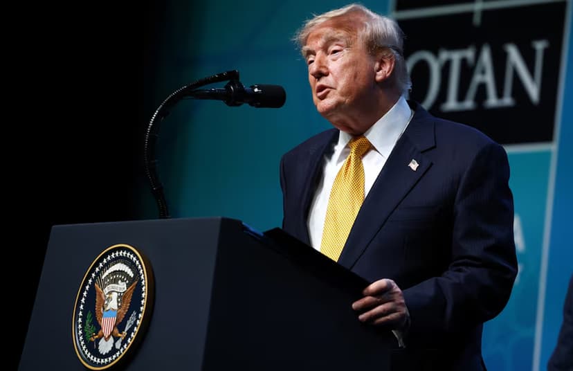 US President Donald Trump speaks during a press conference on the day of a NATO leaders' summit in Ankara, Turkiye.