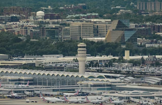 A view of Ronald Reagan National Airport, DCA, from the top of the Washington Monument in Washington.
