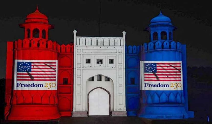 Pakistan Monument, Lahore Fort lit in US flag colours (Courtesy: File)
