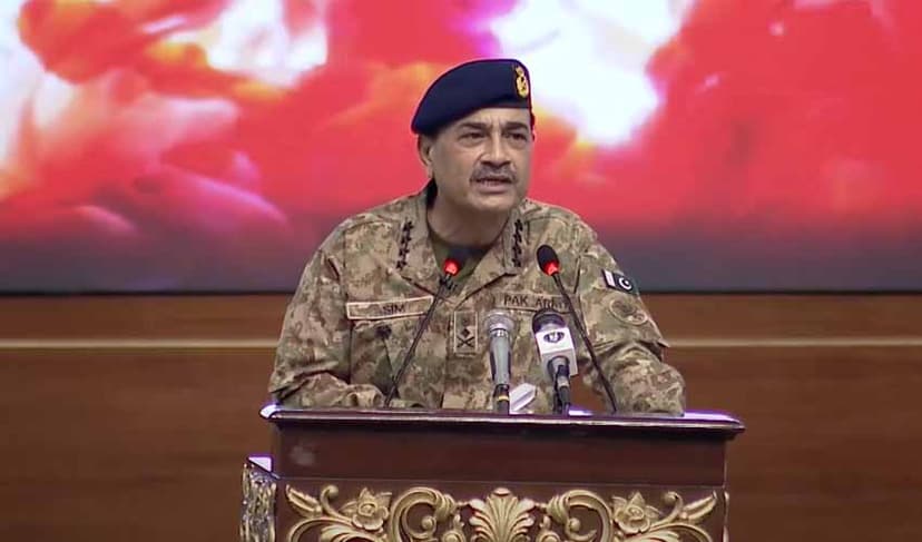 Chief of Army Staff General Asim Munir addresses the participants of the Overseas Pakistanis Convention in Islamabad.