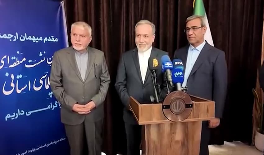 Iranian Foreign Minister Abbas Araqchi responds to questions by reporters.