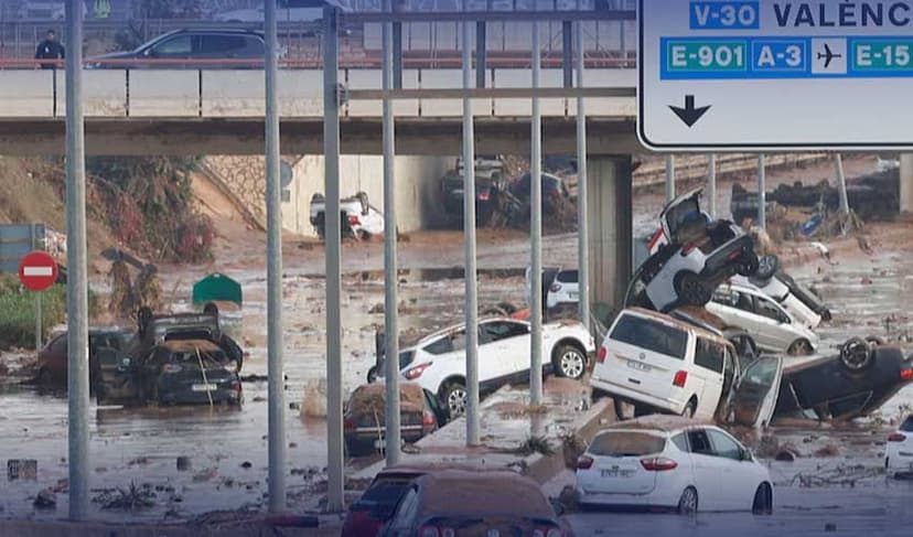 Damaged cars line a road on the outskirts of Valencia, Spain, following torrential rains that caused flooding on October 31.