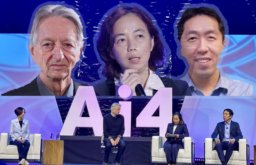 Geoff Hinton, Fri-Fei Li, and Andrew Ng at Ai4 2026 warn about AI fear mongering happening through big tech and big AI labs. Geoff Hinton, Fri-Fei Li, and Andrew Ng at Ai4 2026 warn about AI fear mongering happening through big tech and big AI labs.