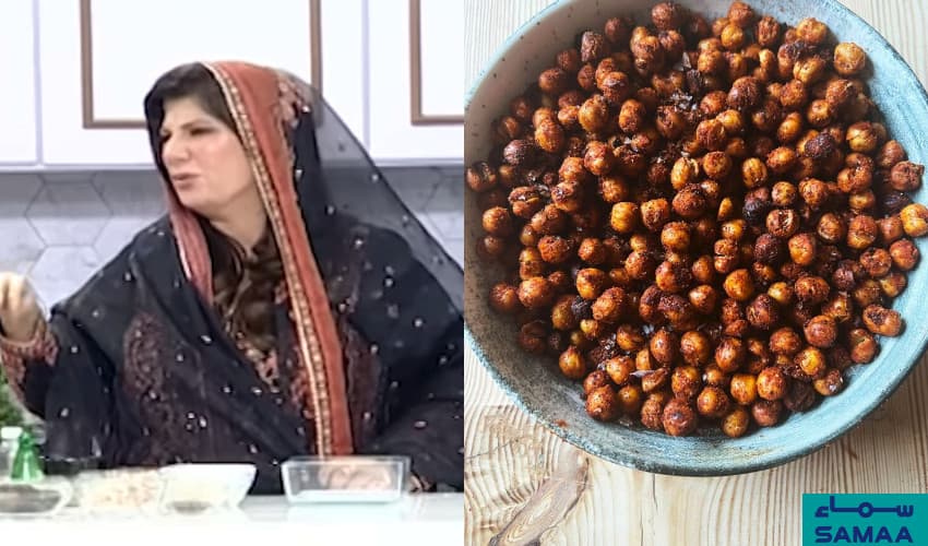 Noted herbalist shares important advice about eating roasted chickpeas (Courtesy: ( From left : Dr Bilquis on chickpeas - Samaa TV, From Right: Chickpeas - File) Noted herbalist shares important advice about eating roasted chickpeas (Courtesy: ( From left : Dr Bilquis on chickpeas - Samaa TV, From Right: Chickpeas - File)