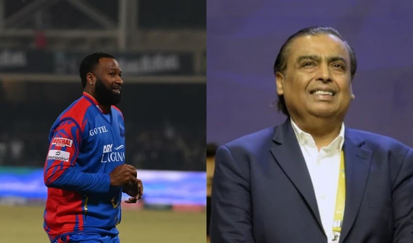 From left to right: Kieron Pollard and Mukesh Ambani – Files From left to right: Kieron Pollard and Mukesh Ambani – Files