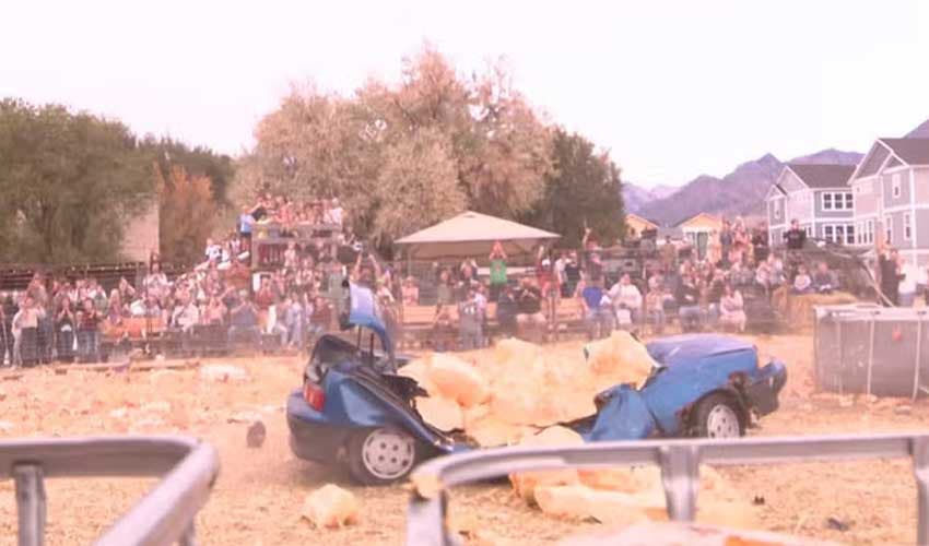 Giant pumpkin dropped from 14 storeys crushes car (Courtesy: Online) Giant pumpkin dropped from 14 storeys crushes car (Courtesy: Online)