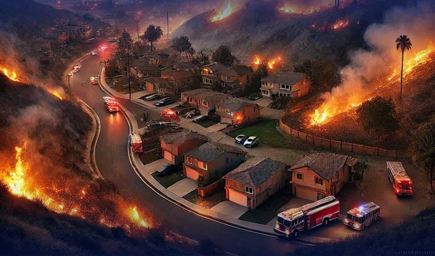 Wildfire near Camarillo engulfs homes as fierce winds drive flames across hillsides. — Photo Credit: Generated by AI, based on recent news events. Wildfire near Camarillo engulfs homes as fierce winds drive flames across hillsides. — Photo Credit: Generated by AI, based on recent news events.