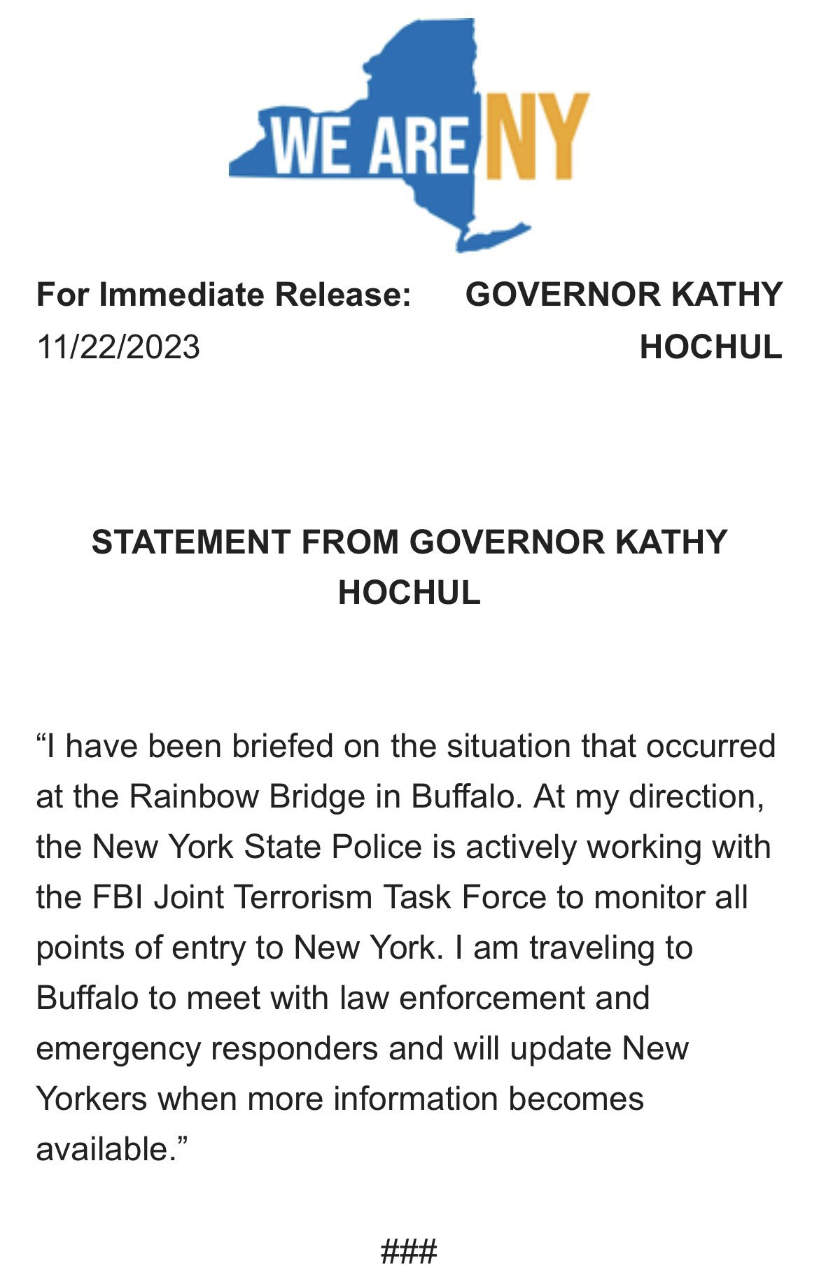 New York Governor Kathy Hochul statement