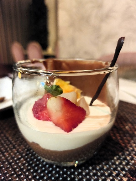 Chocolate Mousse with Orange Panna Cotta Cream and Spiced Fruit