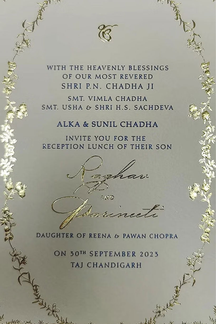 Parineeti and Raghav Wedding Invite