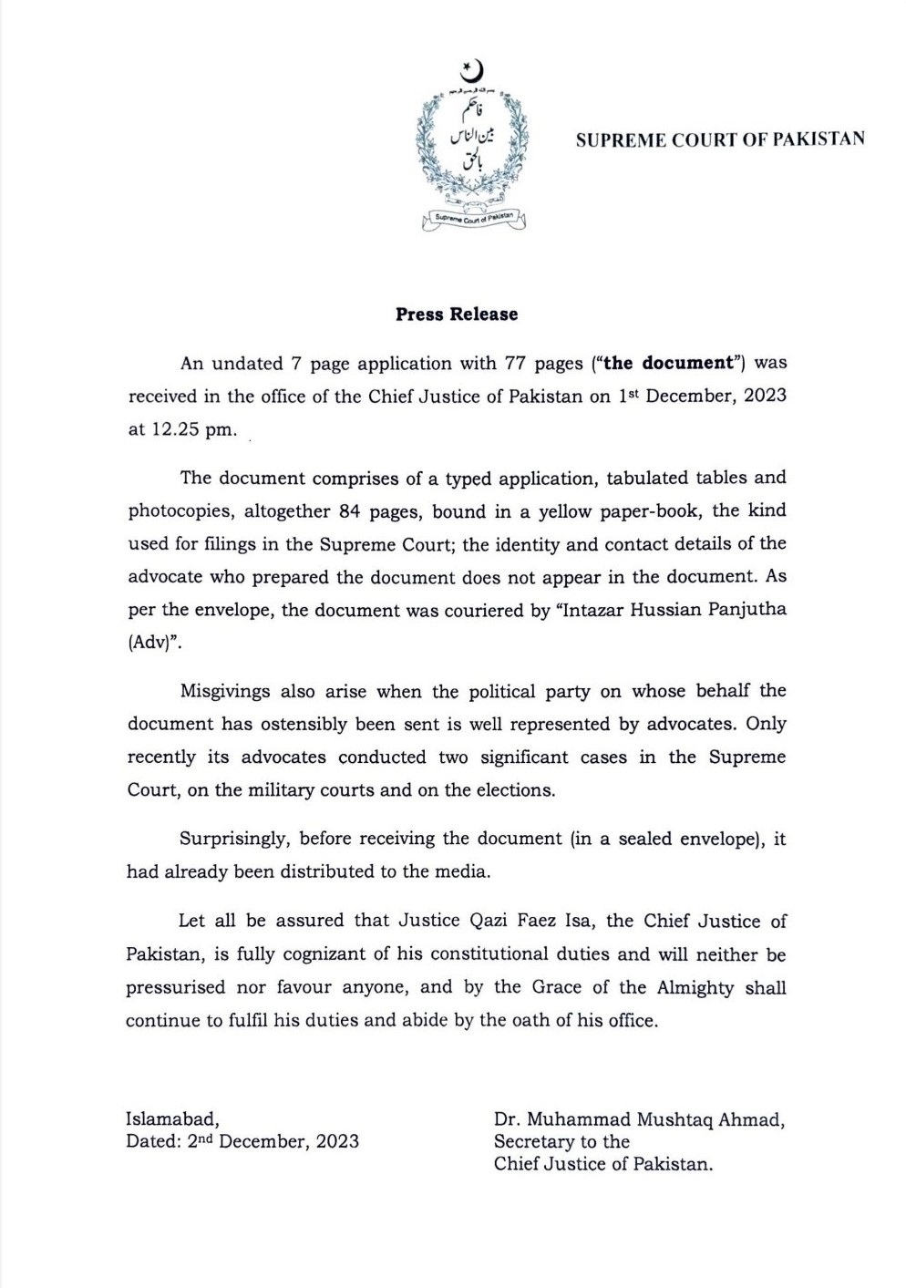 Supreme Court response to Imran Khan letter
