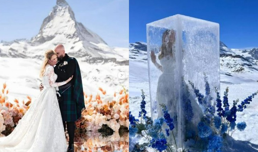 Bride and groom's snow cone entry stuns at Swiss mountain wedding